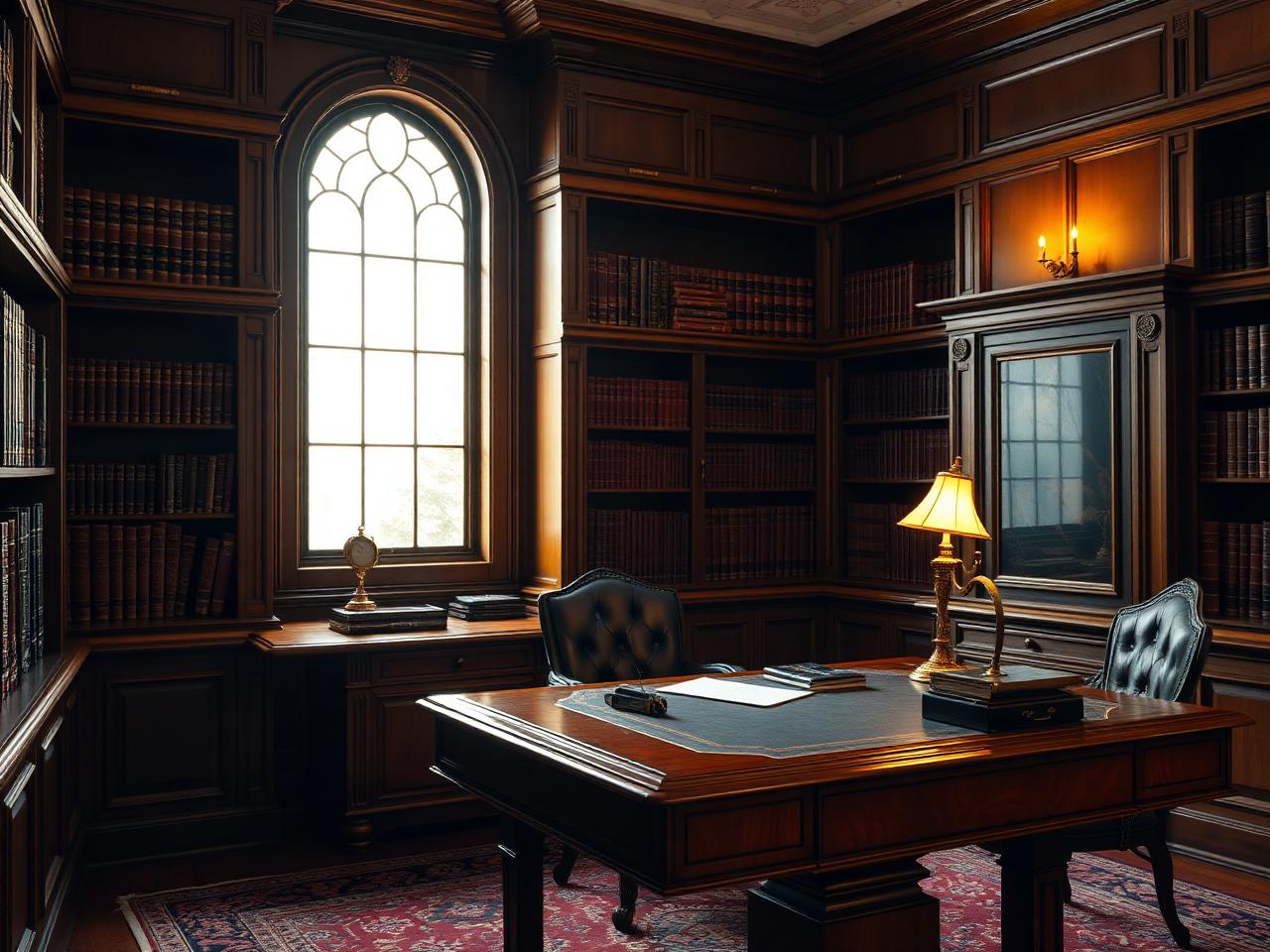Cabinet notarial classique avec bibliothèques en bois et lumière naturelle
