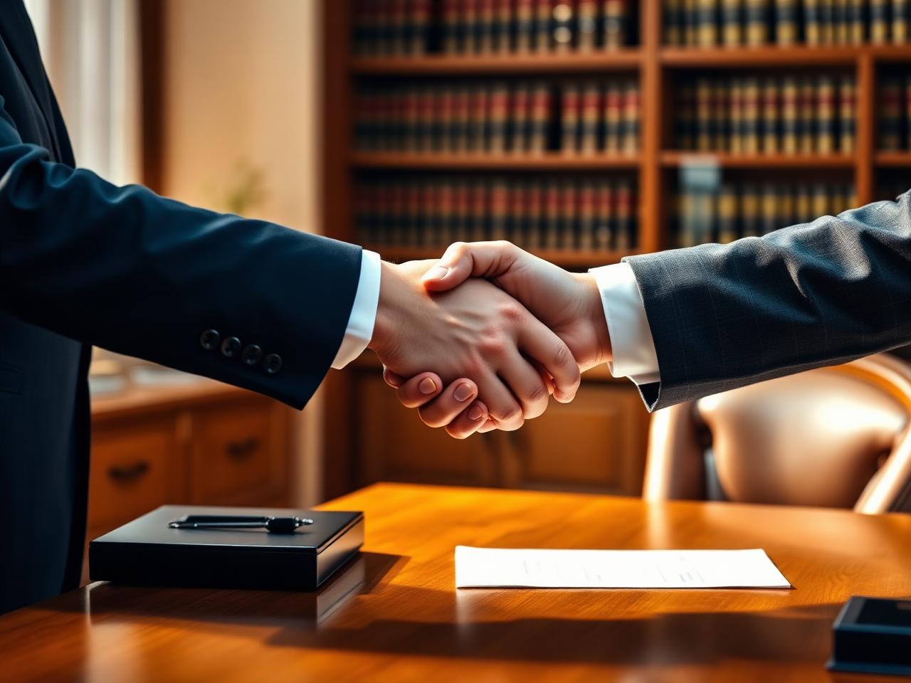Poignée de main entre un notaire et des clients lors d'une consultation familiale