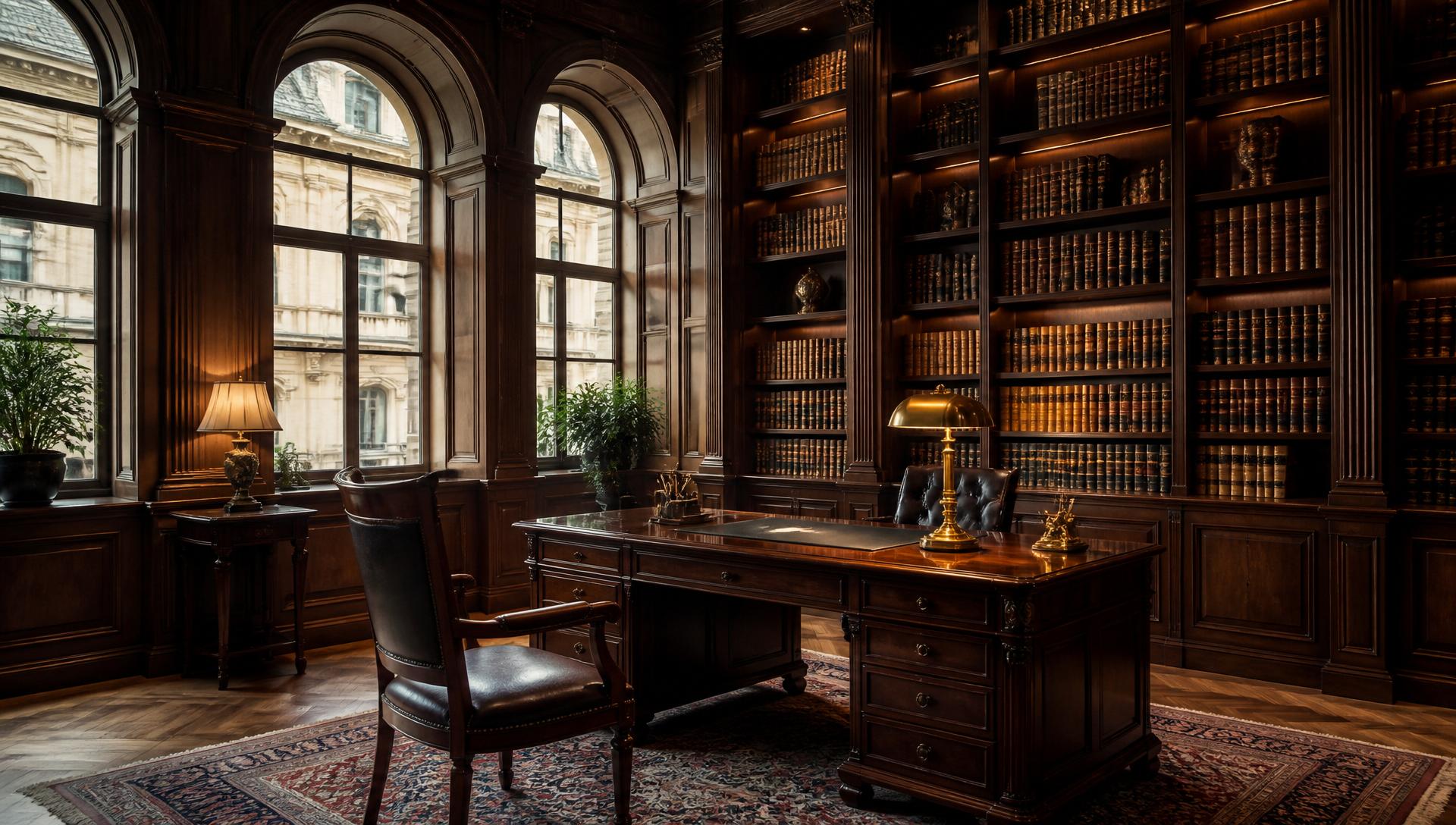Intérieur élégant d'un cabinet notarial avec bibliothèques en bois et éclairage chaleureux